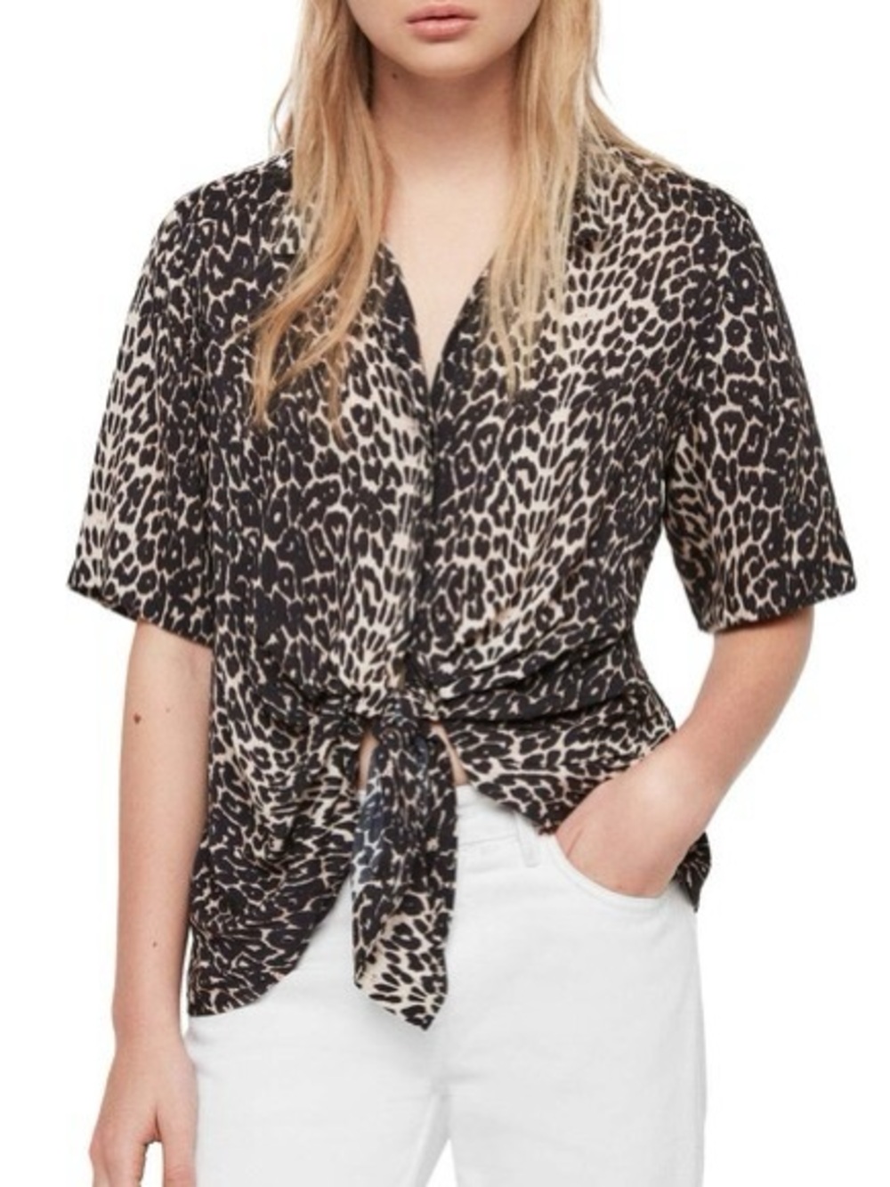 AllSaints Front Tie Button Short sleeve Animal Print Blouse